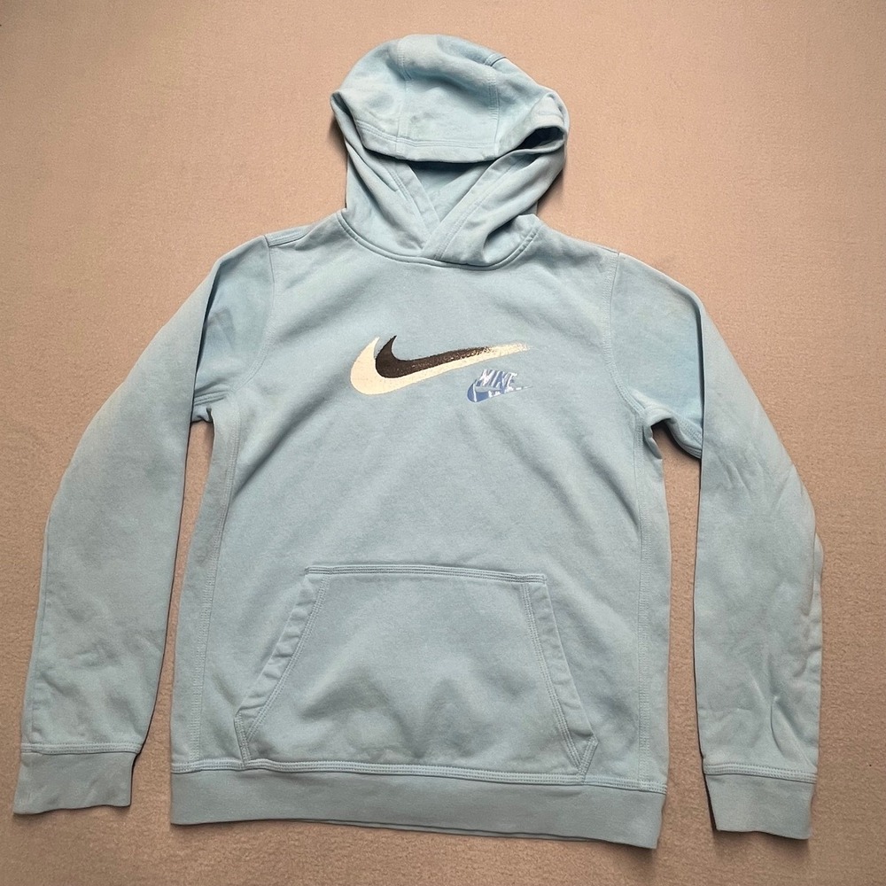 Nike Boys Pullover Hoodie Light Blue Graphic‎ Print Long Sleeve Pockets XL